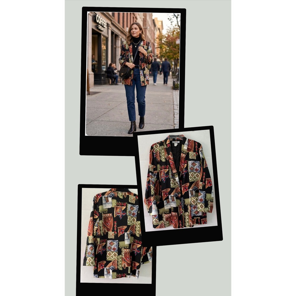 Kensington Square Vintage Floral Patchwork Print Blazer PM 90's Boho Artsy Retro